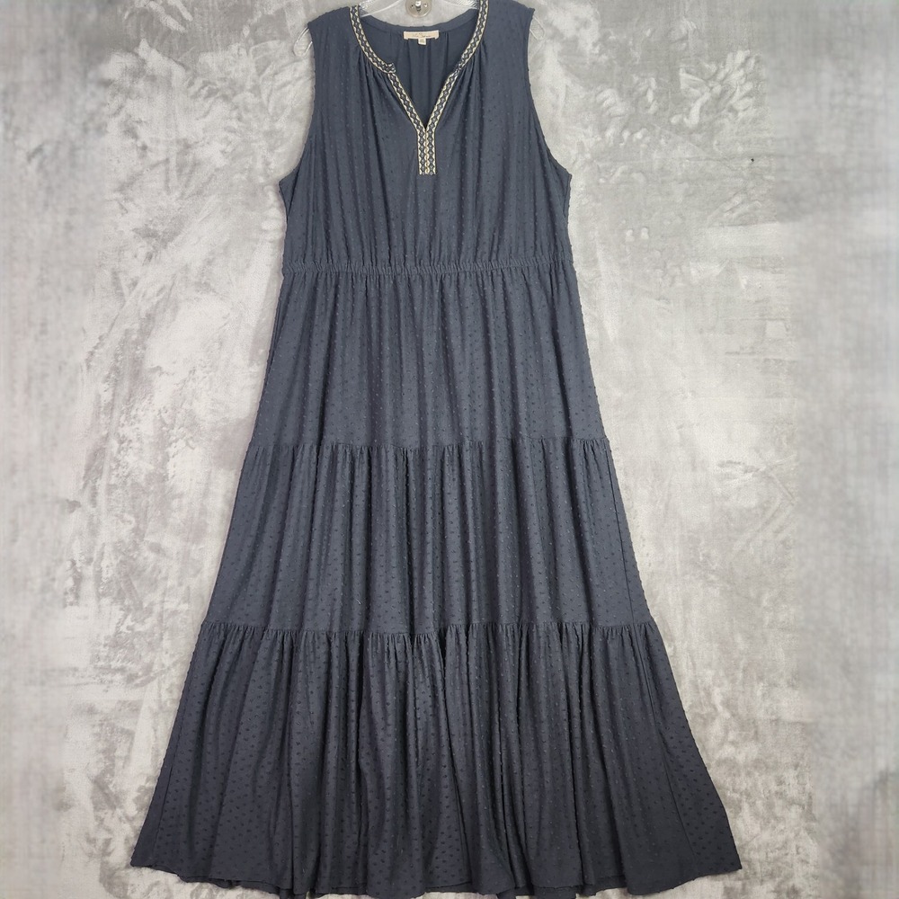 Les Serein Maxi Dress Womens 2X Navy Blue Dotted Swiss Tiered Boho Cottagecore